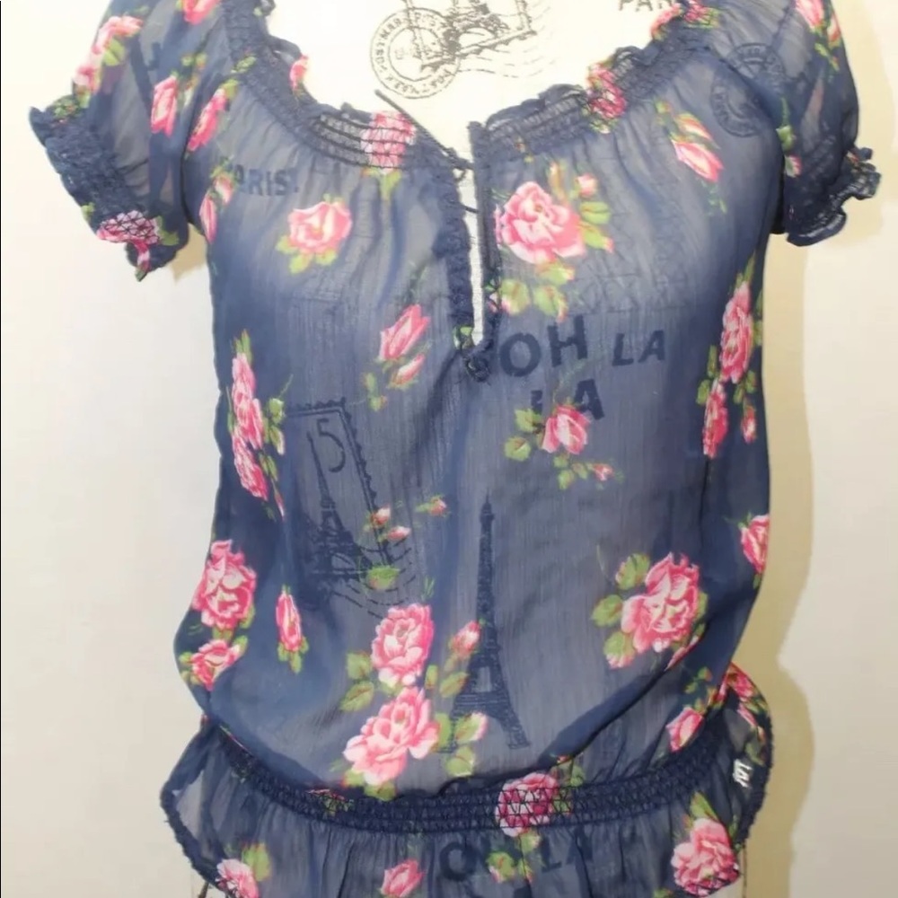 2/$20 Ambercrombie and Fitch Puff sleeve Blouse Floral Blue Women Boho Small